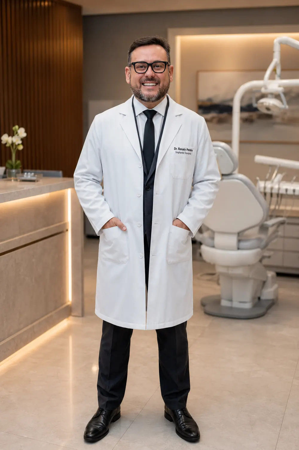 Dr. Renato Pereira, implantodontista especializado em implantes dentários, no consultório da Ana Rosa